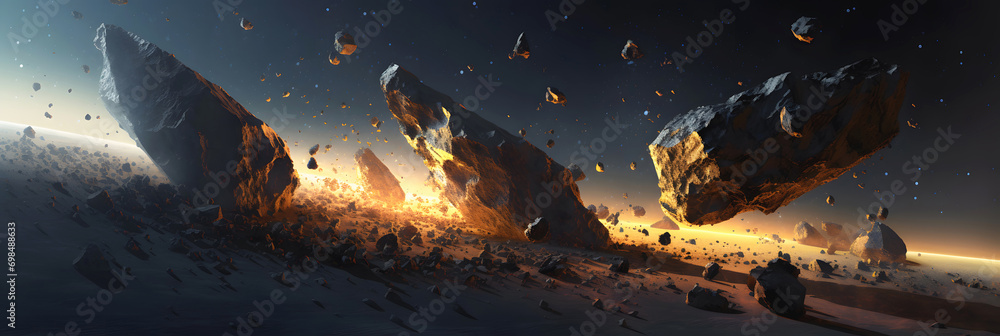 Group of huge asteroids falling to ground of planet, panoramic view. Fall of stone meteorites as astronomical phenomenon. - obrazy, fototapety, plakaty 