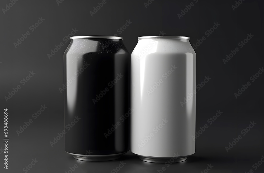 Black and white tin aluminum beverage drink cans with blank copy space for mockup or logo information. Soda or beer jars with template for design. Black and white tin aluminum beverage drink cans with blank copy space for mockup or logo information. Soda or beer jars with template for design.