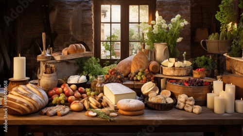  a wooden table topped with lots of different types of breads and cheeses next to a window filled with potted plants.