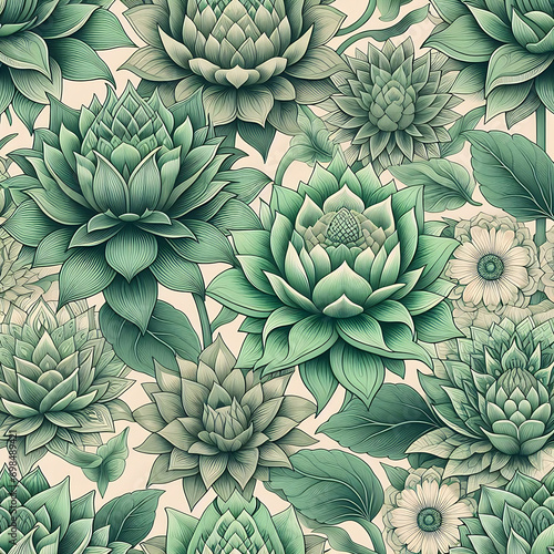 Green Color Flower Seamless Pattern Tile Texture Background Wallpaper In Original Art Style