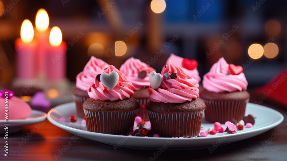 Valentine's day cupcakes on a plate. Generative AI.