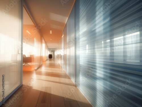 A long hallway with a light shining through the glass walls. Generative AI.