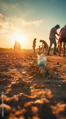 People walking on the beach with a plastic bottle. Generative AI.