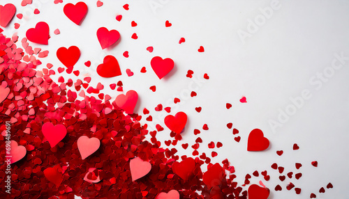 Banner San Valentino con cuori rossi grandi e piccoli in basso a sinistra del fotogramma su sfondo bianco  photo