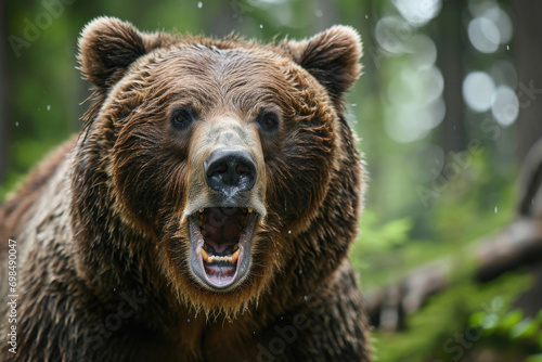 Roaring angry brown bear in the forest at summer