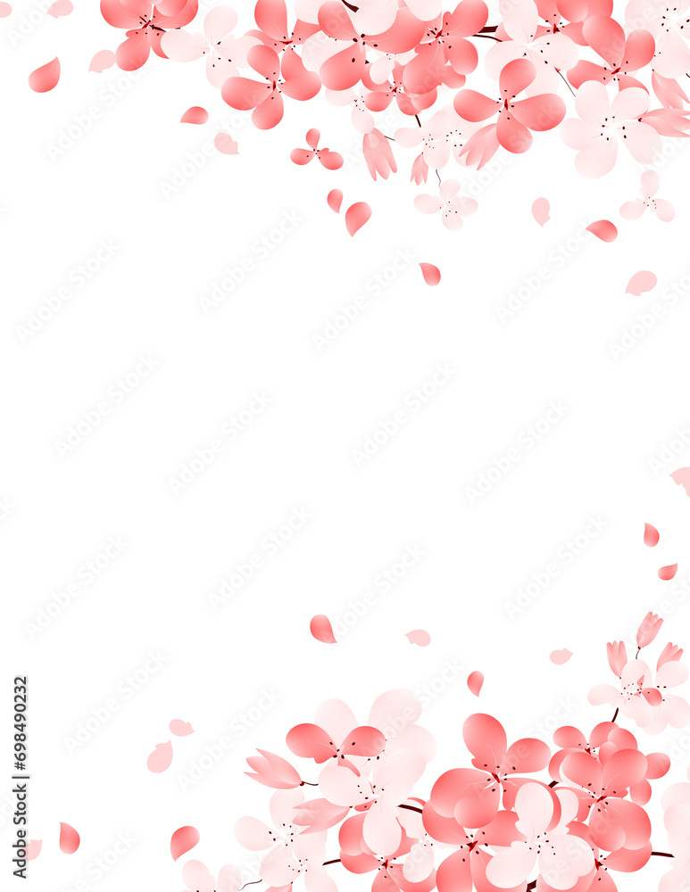 Cherry Blossom Frame. Sakura Falling Petals Background. Pink Flower Cute Border Clipart.