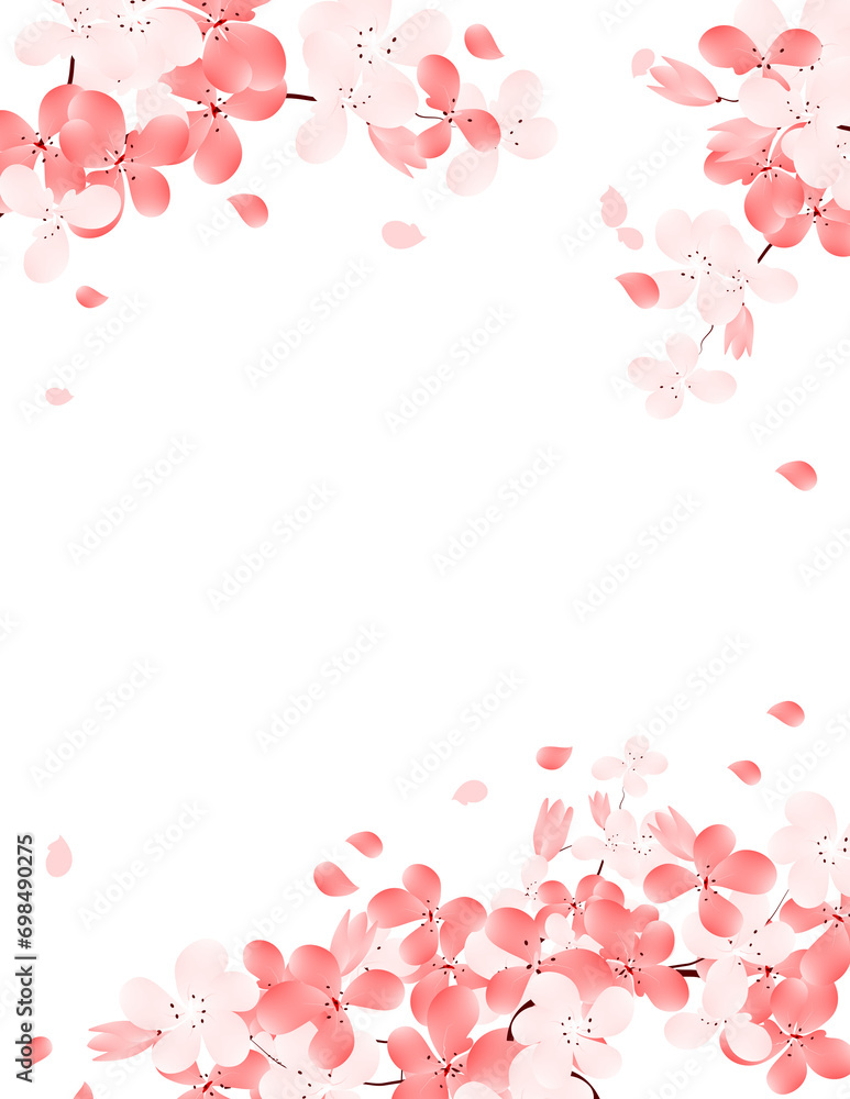 Sakura Flower Frame. Cherry Blossom With Petals Falling Background. Spring Flower Bloom Illustration.