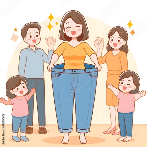 A woman in a large pair of jeans posing with her family photo
