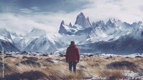 Patagonian Winter Solitude: A solitary figure stands amidst the snow-covered landscapes of Patagonia, embracing the solitude and silence of winter photo