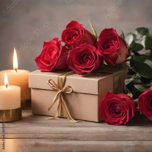 Gift box with roses and candles on wooden table  on light background. created by generative AI technology.