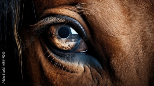  a close up of a horse's eye with a horse's face reflected in the horse's eye. © Olga