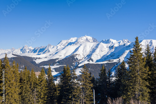 Mont Blanc Massif in Europe, France, Rhone Alpes, Savoie, Alps, in winter on a sunny day.