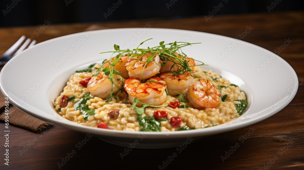 a close up of a bowl of food with shrimp on top of rice and garnished with a sprig of green. a close up of a bowl of food with shrimp on top of rice and garnished with a sprig of green.