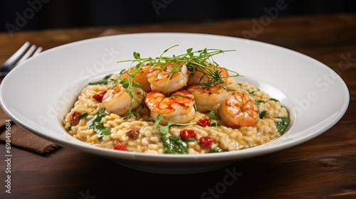  a close up of a bowl of food with shrimp on top of rice and garnished with a sprig of green.