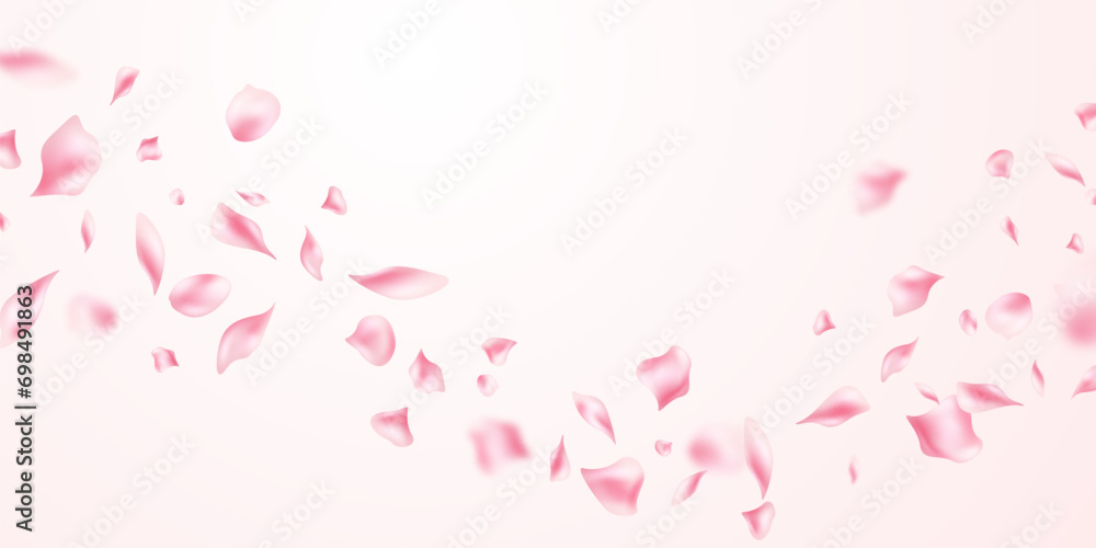Pink rose petals fall on an abstract floral background with a beautiful rose petal greeting card design.