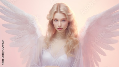  a woman with long blonde hair wearing a white dress with angel wings on her shoulders and her hand on her hip.