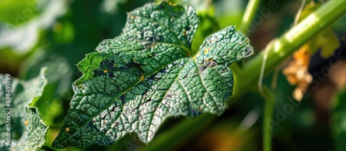 Cucumber leaf affected by leaf spot, a plant disease. photo