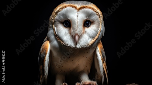  a close up of an owl's face on a black background with a blurry image of the owl's head.