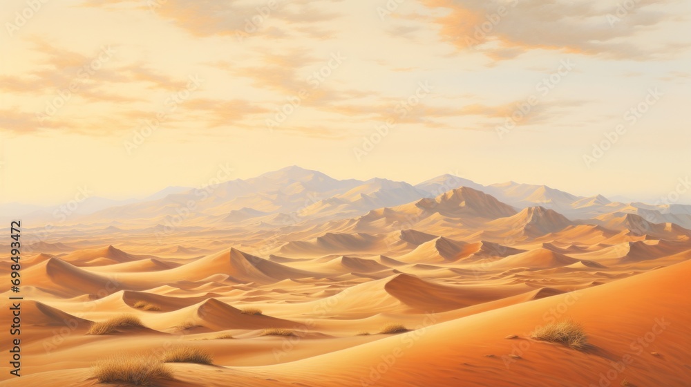  a painting of a desert landscape with sand dunes and mountains in the distance with a sky filled with white clouds.