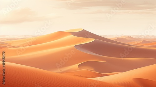  a painting of a desert with sand dunes and mountains in the distance with a cloudy sky in the foreground.
