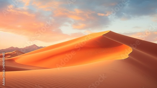  a desert landscape with sand dunes and mountains in the distance with a sunset in the distance with clouds in the sky.