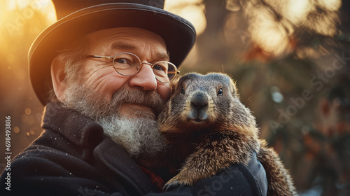 Happy Groundhog Day. Man wearing top hat picks up Punxsutawney Phil the famous groundhog. photo