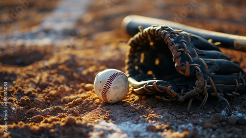 Baseball Diamond Glory:  A baseball glove, ball, and bat on a well-groomed diamond, capturing the anticipation of a pivotal moment in a game photo