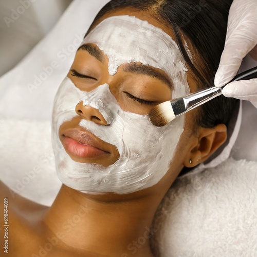 Woman receiving a Facial Clay Mask in Wellness Resort or Spa - Relaxation and Skin Care done by Beautician photo