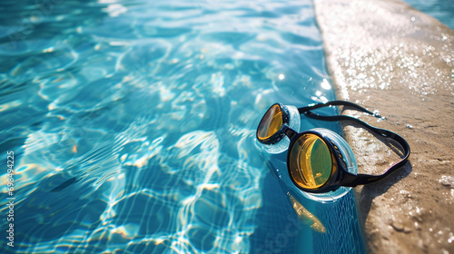 Swimming Pool Zen: Swimming goggles and cap beside a tranquil pool, inviting swimmers to dive into the refreshing waters