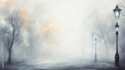 autumn watercolor light gray background, street lamp on a blurry background copy  space blank greeting form