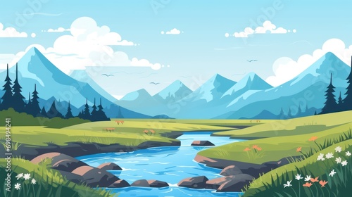 Animated Valley with River Background with Empty Copy Space for Text - Valley with River Landscape Backdrop - Flat Vector Valley Graphic Illustration Wallpaper created with Generative AI Technology