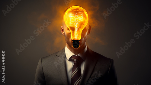 businessman with a burning light bulb instead of a head, idea, concept, an innovation,  new thought photo