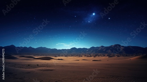  a view of a desert at night with a bright star in the sky and a distant mountain range in the distance. photo