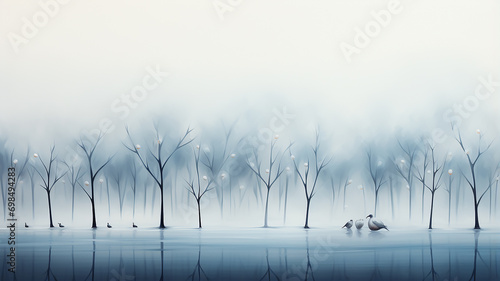 light white blue fog, a row of trees. watercolor abstract background late autumn, symbol landscape view cold light November, copy space blank blank