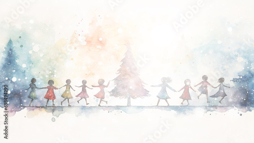 blurred white snowy abstract background, watercolor illustration children dance around a Christmas tree, holiday postcard