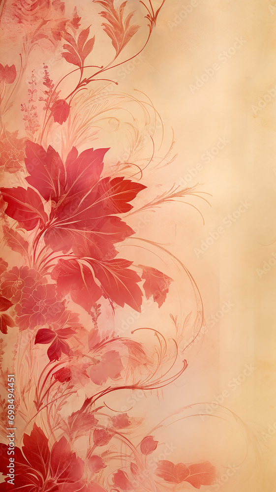 vertical background scarlet abstract red vintage background with light floral natural ornament, canvas, wall