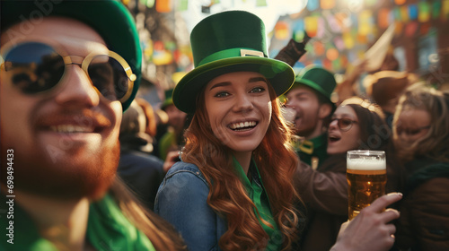 Happy people in St Patrick's Day outfits with beer taking selfie outdoors. 