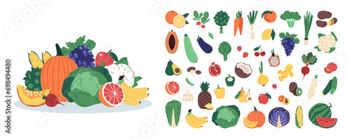 Hand drawn fruits and vegetables illustration icon set