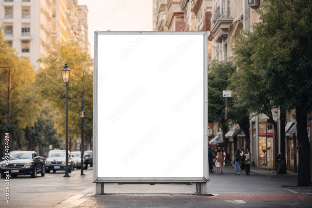 Vertical white empty billboard mockup outdoor in the street with trees and buildings in the background - obrazy, fototapety, plakaty 