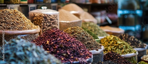 Dried herbs and spices available at the spice souq in Deira, UAE Dubai. photo