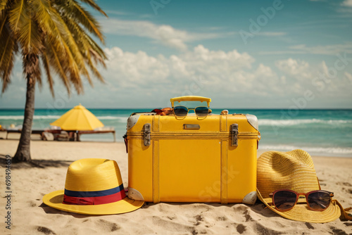 yellow suitcase with travel accessories such as sunglasses  hat and camera on sea beach background