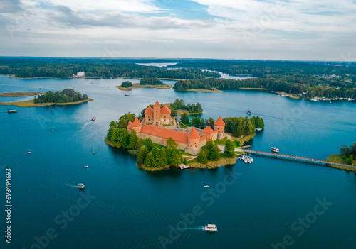 Aerial view of Trakai castle. Medieval gothic Island castle, located in Galve lake. Drone photo from above photo