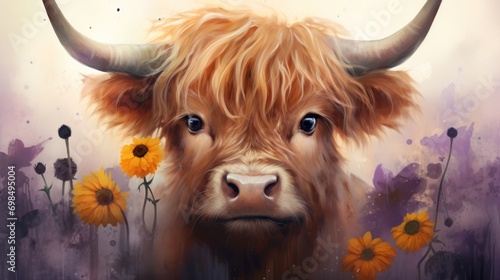  a painting of a bull with long horns and sunflowers in front of a field of purple and yellow flowers. photo