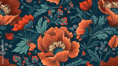  a blue background with orange and red flowers and leaves on a dark blue background with red and orange flowers and leaves on a dark blue background.