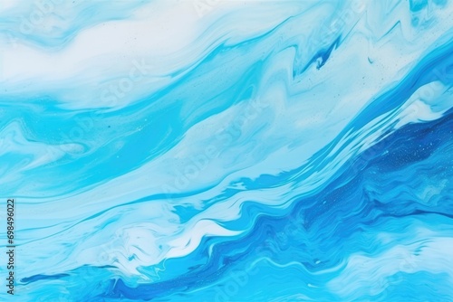 Cyan blue ocean wave with white bubbles effect. Color gradient paint splash design. acrylic ink water. Sea foam. Smeared streak abstract pattern. Marble texture art background