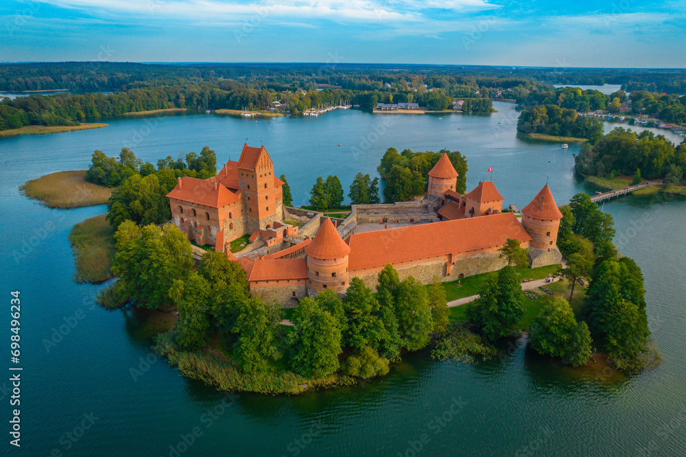 Aerial view of Trakai castle. Medieval gothic Island castle, located in Galve lake. Drone photo from above