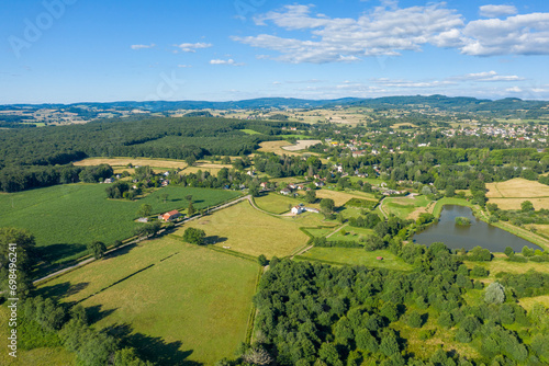 A traditional village old seaside resort in the middle of the countryside in Europe, France, Burgundy, Nievre, Saint-Honoré-les-Bains, towards Chateau Chinon, in summer on a sunny day.