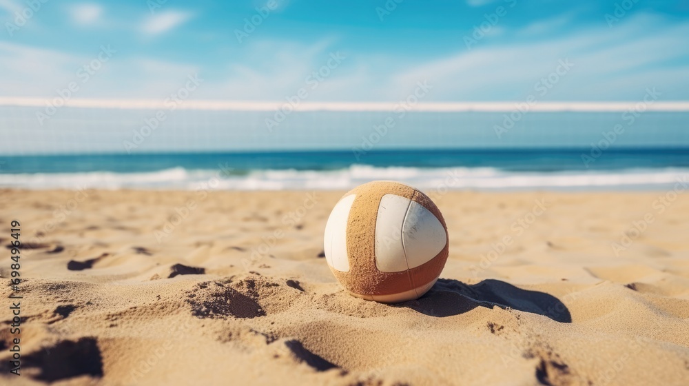 Beach volleyball court with a volleyball ball placed in the sand blue sky cloud sea. Beach volleyball court with a volleyball ball placed in the sand blue sky cloud sea.