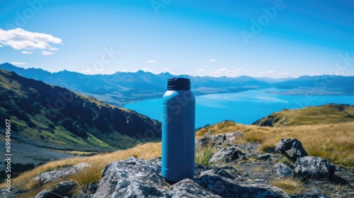 Blue water bottle placed fell down on top of a large rock new zealand view background photo