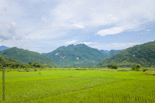 The mountains around the green rice fields in the valley  Asia  Vietnam  Tonkin  towards Hanoi  Mai Chau  in summer  on a sunny day.